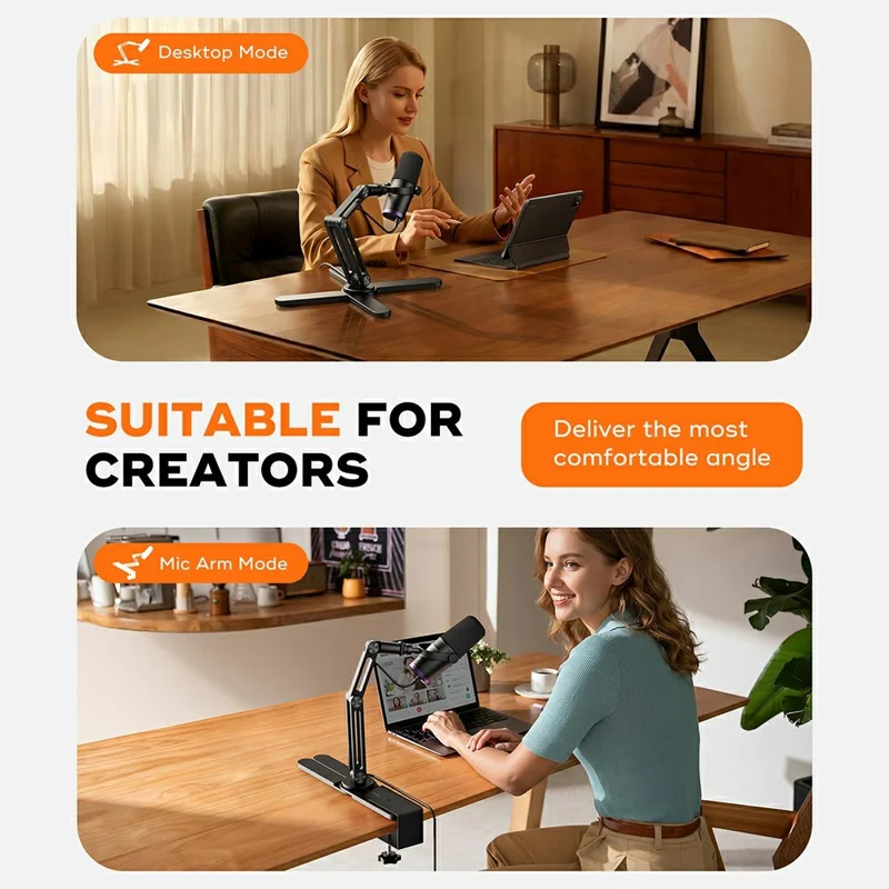 Aluminum Alloy Desktop Mic Stand Foldable Hidden Cable Management 360 Degree Rotating Desk Clamp - Black