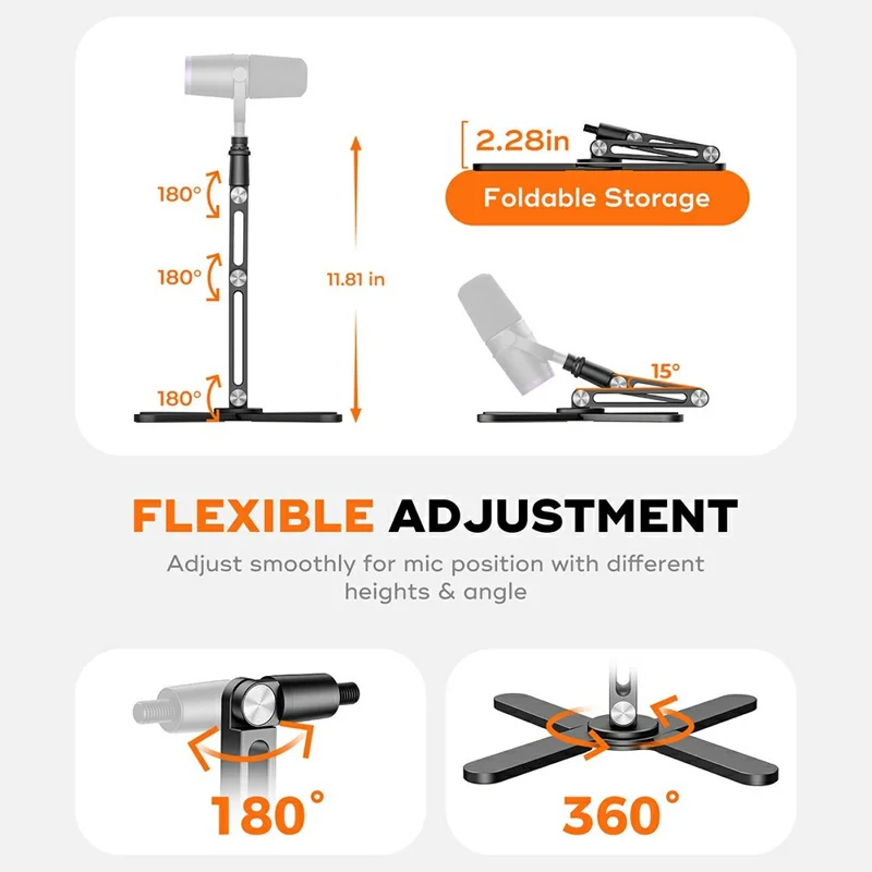 Aluminum Alloy Desktop Mic Stand Foldable Hidden Cable Management 360 Degree Rotating Desk Clamp - Black