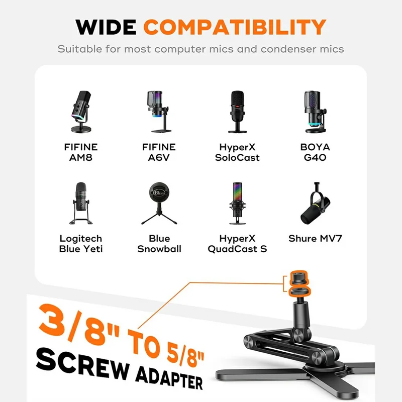 Aluminum Alloy Desktop Mic Stand Foldable Hidden Cable Management 360 Degree Rotating Desk Clamp - Black