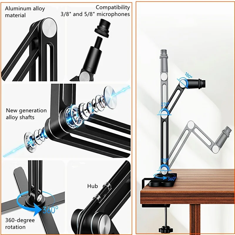 Aluminum Alloy Desktop Mic Stand Foldable Hidden Cable Management 360 Degree Rotating Desk Clamp - Black