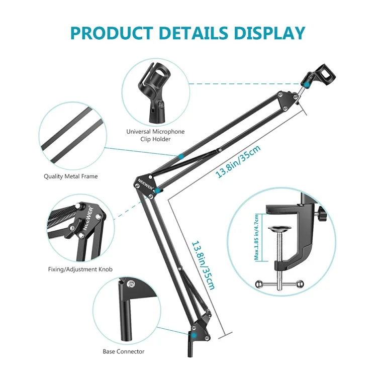 Neewer Recording Microfono Microfono Estendibile Stand Antiurto Amortibile Microfono Clip A Forbice Braccio A Forbice Morsetto - Bianco