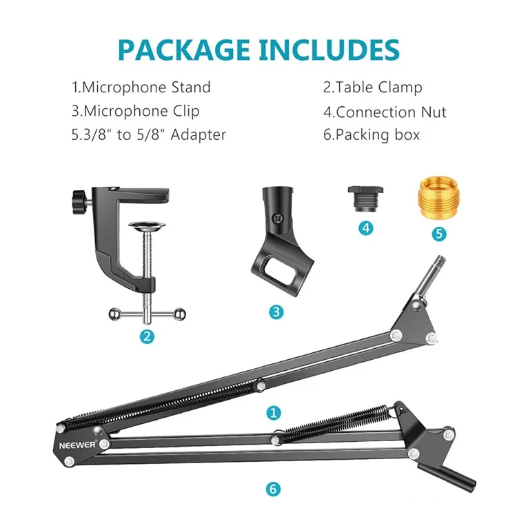 Neewer Recording Microfono Microfono Estendibile Stand Antiurto Amortibile Microfono Clip A Forbice Braccio A Forbice Morsetto - Bianco
