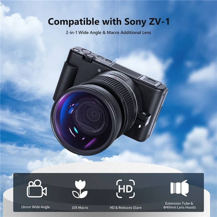 NEEWER NW-457 Pour Sony ZV1 Caméra 24mm Objectif à 18mm 0.75X Grand Angle + Objectif de Conversion Macro 10X