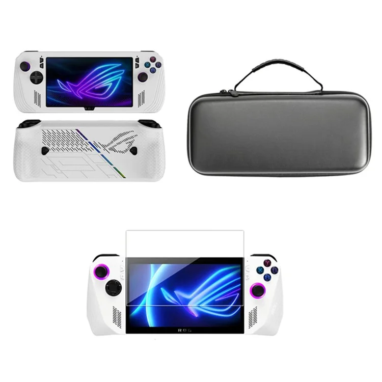3-in-1 Kit for Asus ROG Ally X Silicone Case Portable Travel Carrying Cover with Tempered Glass Screen Protector - White