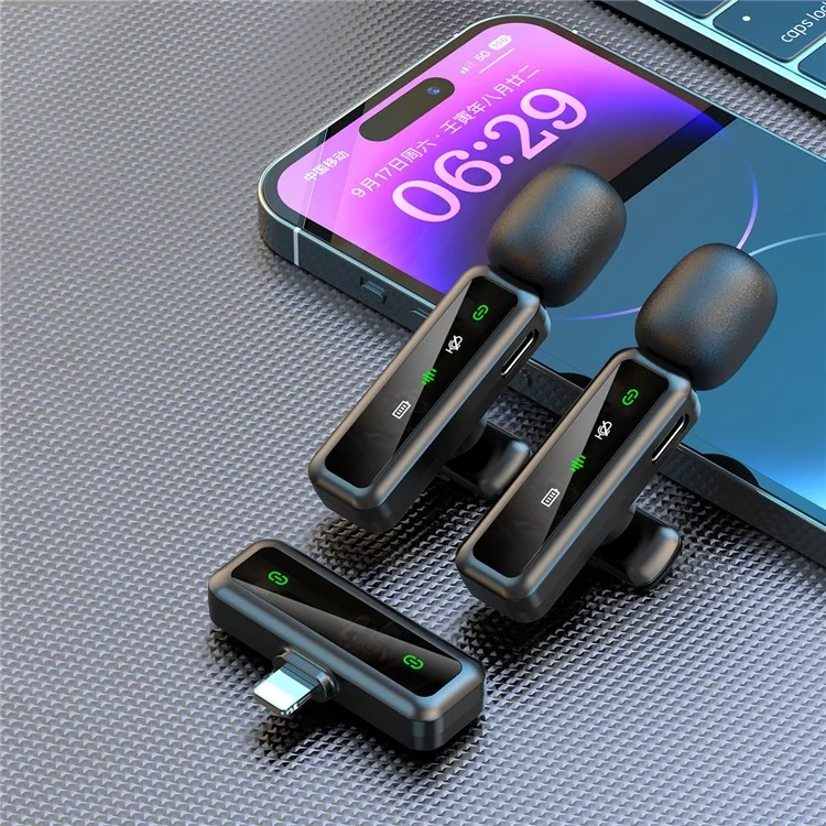 Microphone sans fil H63 2,4 G pour smartphones, diffusion en direct, réduction du bruit, 2 émetteurs + 1 récepteur - Connecteur iP