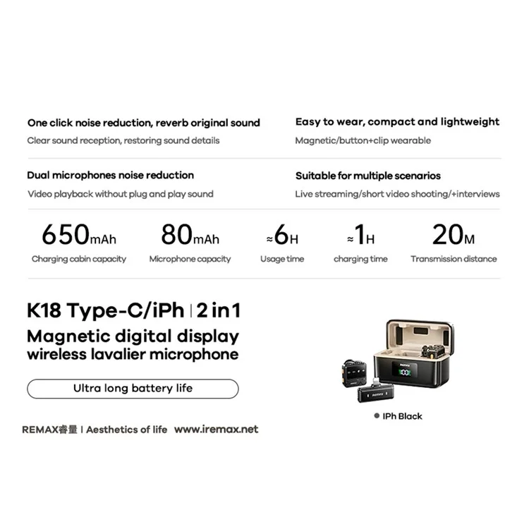 REMAX K18 Wireless Lavalier Microphone Set Magnetic Clip Digital Display One-To-Two Microphone - iP Interface