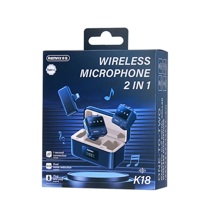 REMAX K18 Wireless Lavalier Microphone Set Magnetic Clip Digital Display One-To-Two Microphone - iP Interface