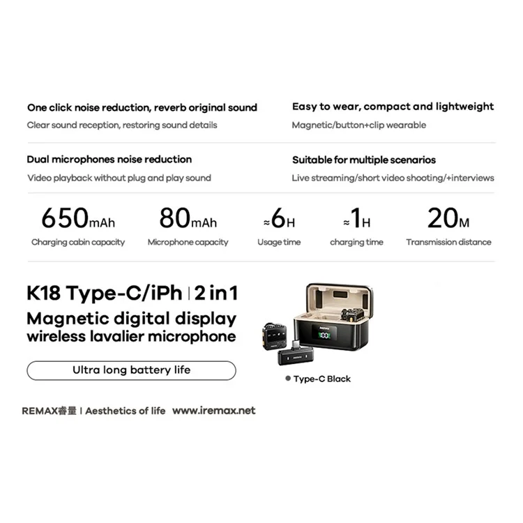 Micrófono inalámbrico REMAX K18 de solapa con clip magnético, pantalla digital y conexión para dos micrófonos - Interfaz Tipo C