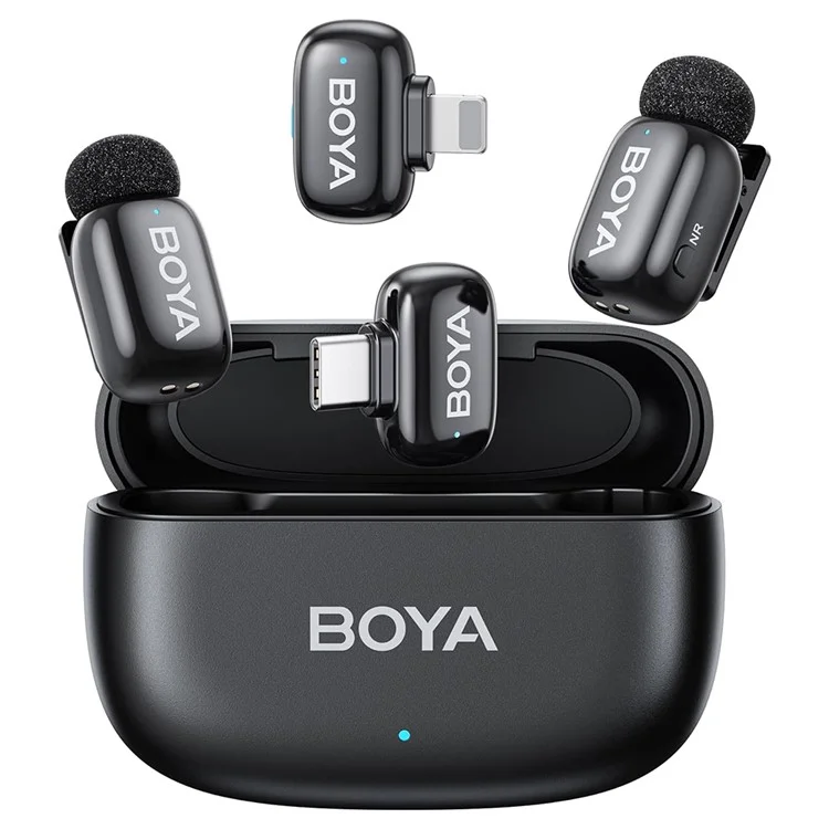 BOYA mini Mfi Certifié 2Pcs Microphone Cravate sans fil avec Réduction de bruit IA Mic avec Récepteur Lightning + USB-C - Noir