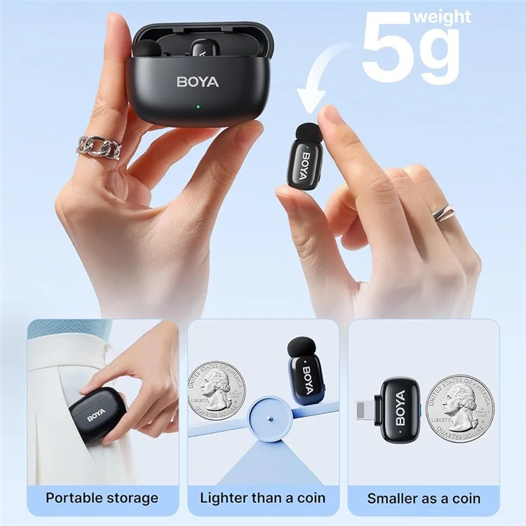 BOYA mini Mfi Certifié 2Pcs Microphone Cravate sans fil avec Réduction de bruit IA Mic avec Récepteur Lightning + USB-C - Noir