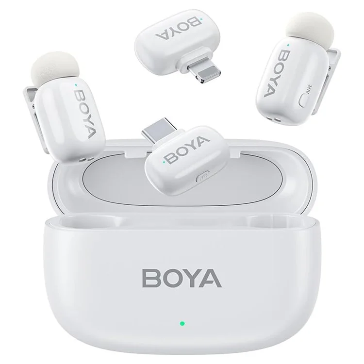 BOYA mini MFi Certificato 2Pz Microfono Lavalier Wireless con Riduzione del Rumore AI, Ricevitore Lightning + USB-C - Bianco