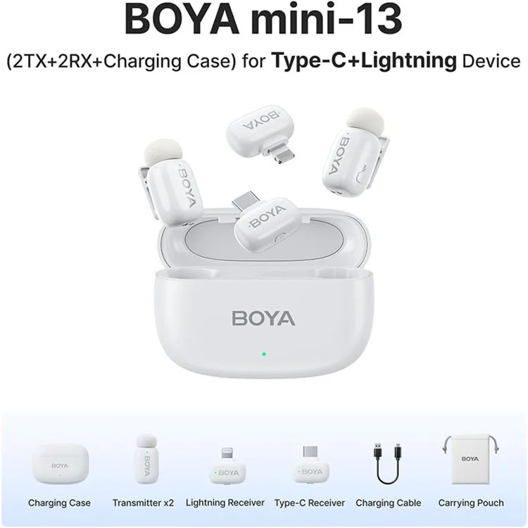 BOYA mini MFi Certificato 2Pz Microfono Lavalier Wireless con Riduzione del Rumore AI, Ricevitore Lightning + USB-C - Bianco