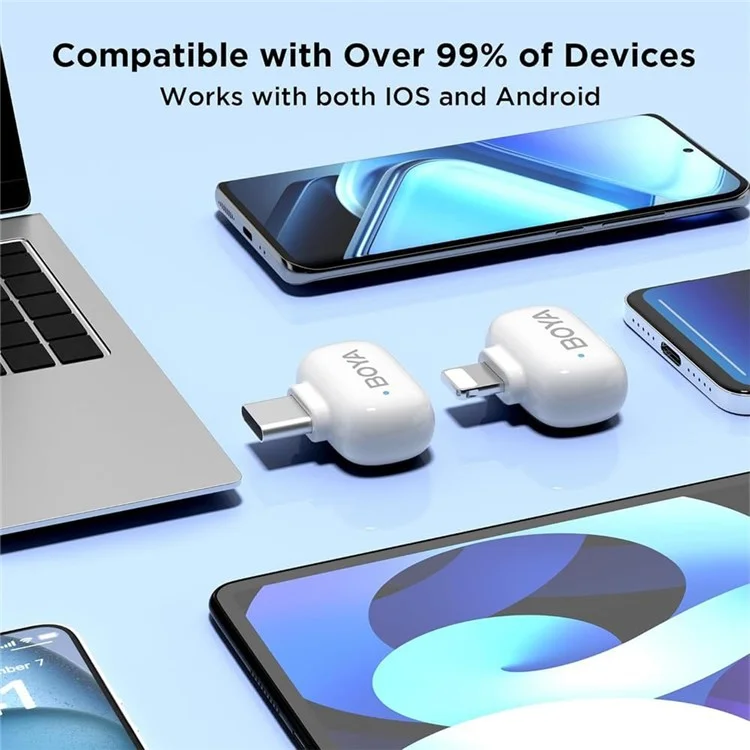 BOYA mini MFi Certificato 2Pz Microfono Lavalier Wireless con Riduzione del Rumore AI, Ricevitore Lightning + USB-C - Bianco