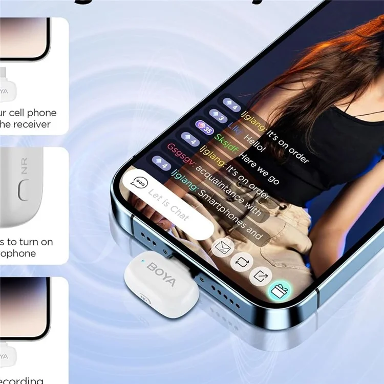 BOYA mini MFi Certificato 2Pz Microfono Lavalier Wireless con Riduzione del Rumore AI, Ricevitore Lightning + USB-C - Bianco