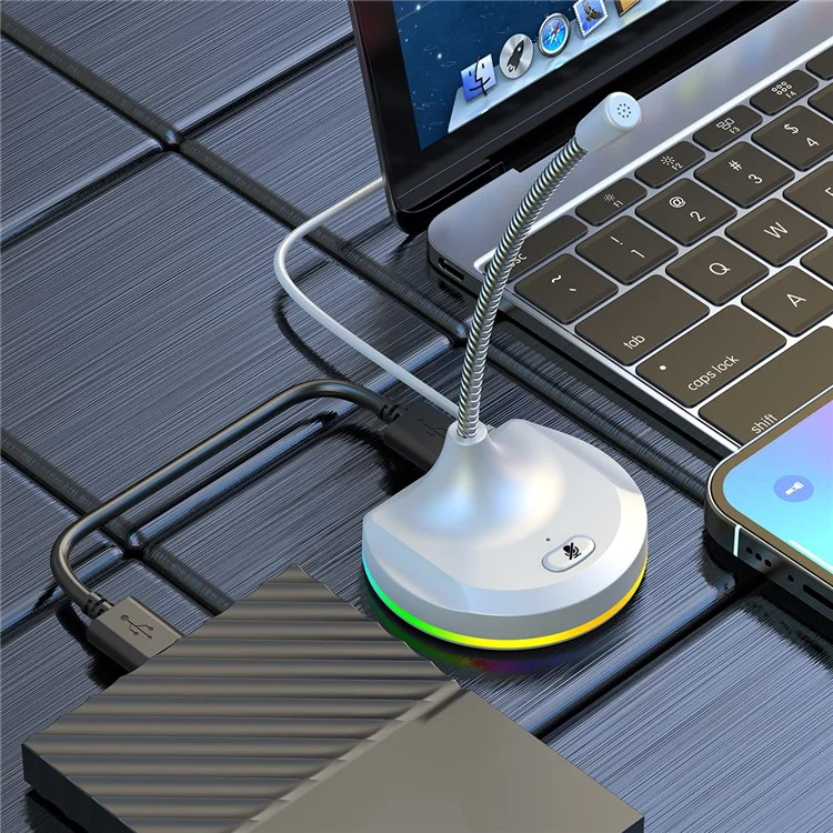 RGB Light Microphone 3 USB Ports Hub Plug and Play Noise Cancelling Desktop Mic - Black