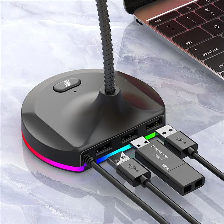 RGB Light Microphone 3 USB Ports Hub Plug and Play Noise Cancelling Desktop Mic - Black