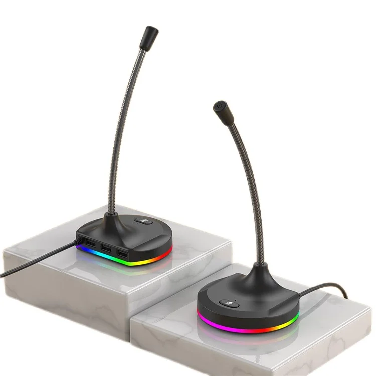 RGB Light Microphone 3 USB Ports Hub Plug and Play Noise Cancelling Desktop Mic - Black