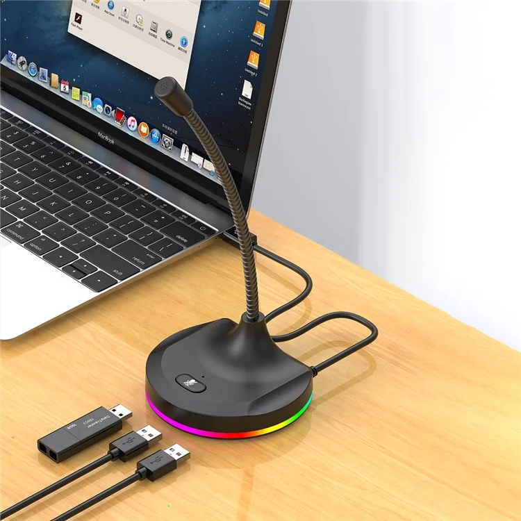 RGB Light Microphone 3 USB Ports Hub Plug and Play Noise Cancelling Desktop Mic - Black