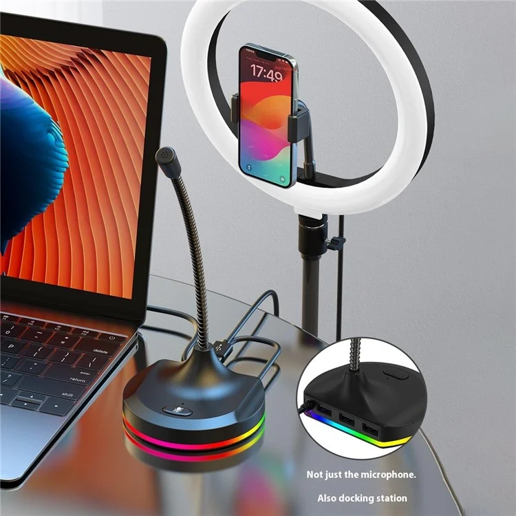 RGB Light Microphone 3 USB Ports Hub Plug and Play Noise Cancelling Desktop Mic - Black