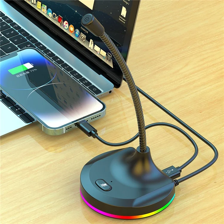 RGB Light Microphone 3 USB Ports Hub Plug and Play Noise Cancelling Desktop Mic - Black