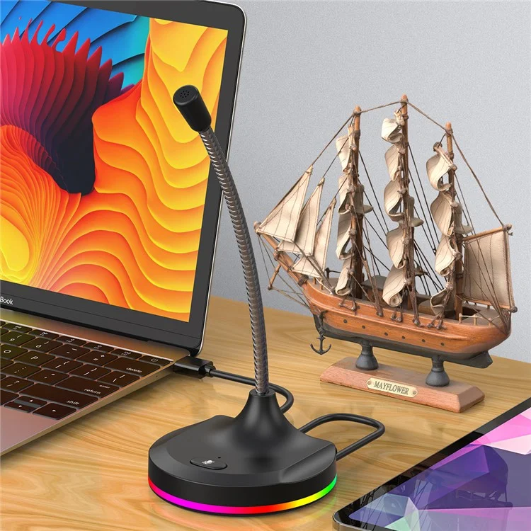 RGB Light Microphone 3 USB Ports Hub Plug and Play Noise Cancelling Desktop Mic - Black