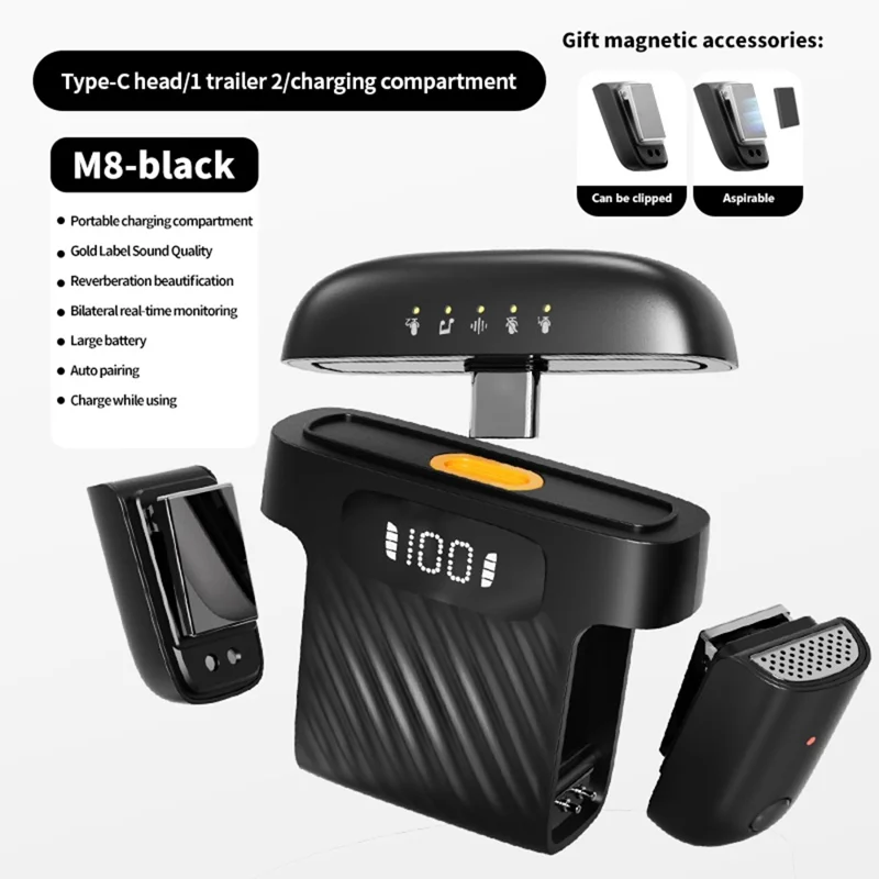 Microphone Lavalier sans fil M8 avec Réduction de Bruit pour Enregistrement Vidéo - Noir