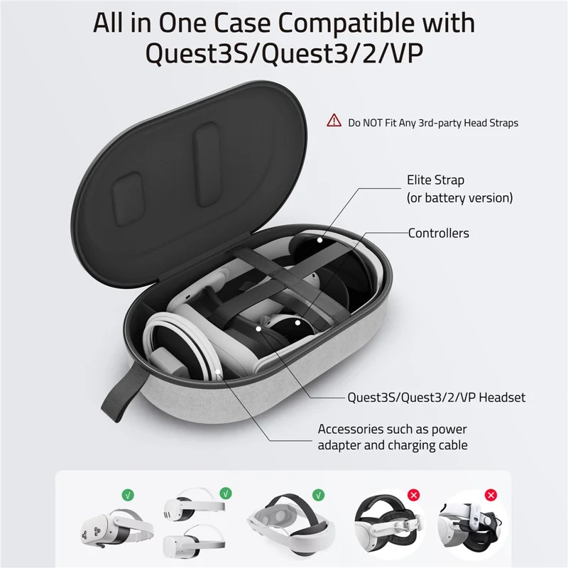 SYNTECH størrelse M opbevaringstaske til Meta Quest 3S / Quest 3 / Quest 2 / Apple Vision Pro / Pico 4 / Pico 4 Ultra VR-headset bæresæk - Grå