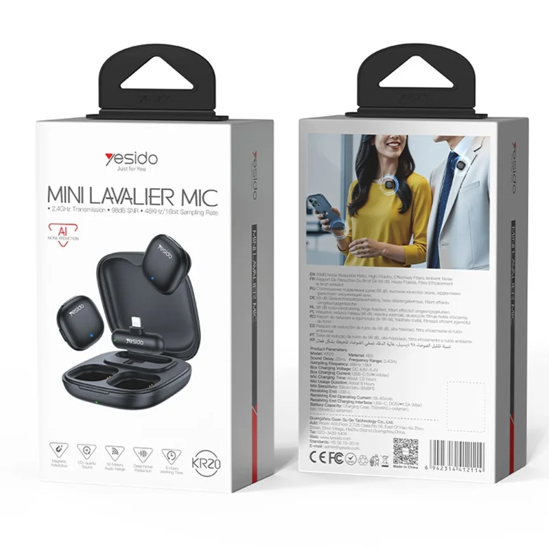 YESIDO KR20 iP Plug High Fidelity Audio Wireless Lapel Mic AI Noise Cancelling Lavalier Microphone