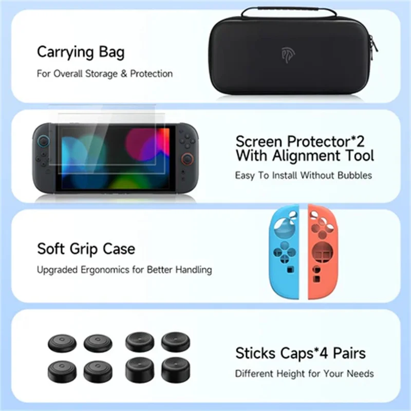 EASYSMX A04 4 in 1 For Nintendo Switch 2 Game Console Carrying Bag Screen Protector Joy-Con Cover Joystick Cap Set