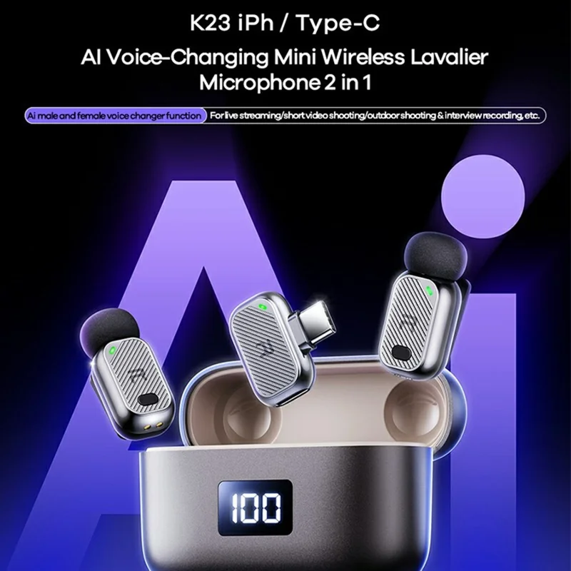 ميكروفون لافاليير بلوتوث صغير AI لتغيير الصوت من REMAX K23، طقم مزدوج الوظيفة مع واجهة Type-C - لون رمادي