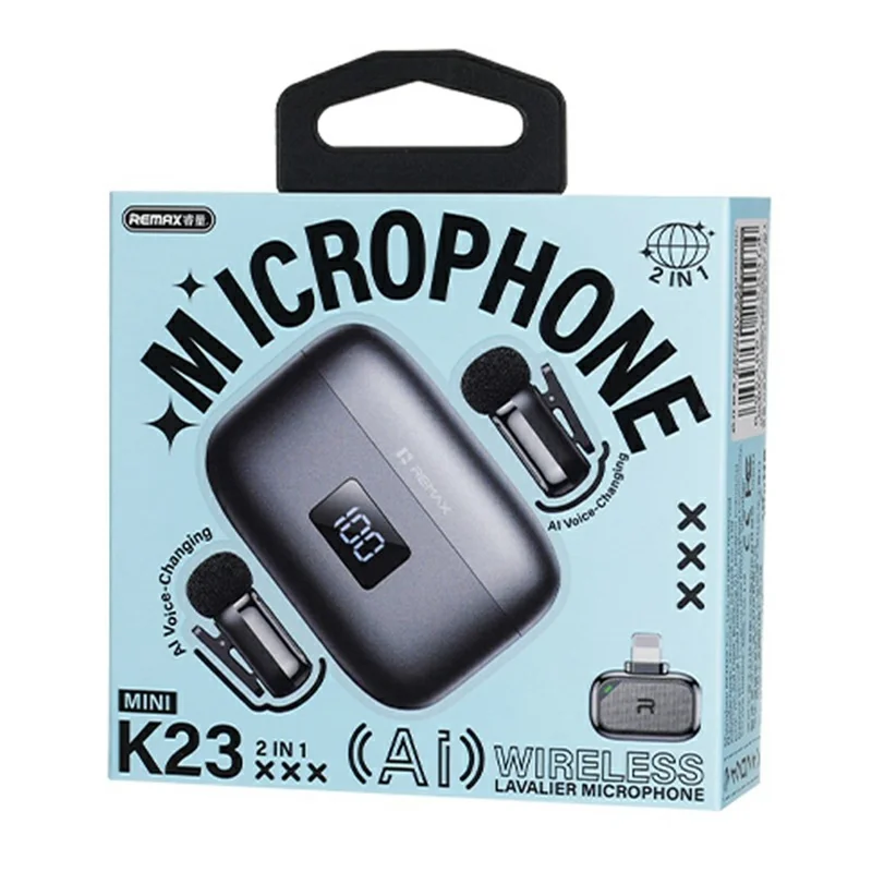 REMAX K23 ميكروفون لافاليير صغير بخاصية تغيير الصوت بالذكاء الاصطناعي، مجموعة لاسلكية 2 في 1 بواجهة iP - مطفي