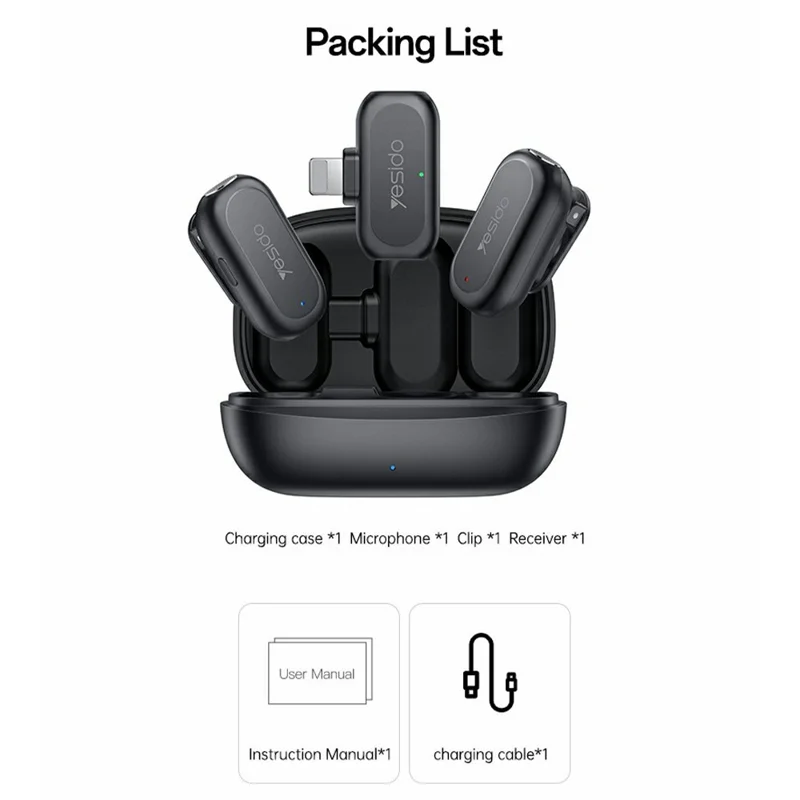 YESIDO KR23 Lavalier Microphone Set with iP Receiver AI Smart Noise Cancelling Mini Mic for Indoor / Outdoor - Black