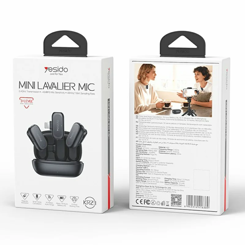 YESIDO KR23 Lavalier Microphone Set with iP Receiver AI Smart Noise Cancelling Mini Mic for Indoor / Outdoor - Black