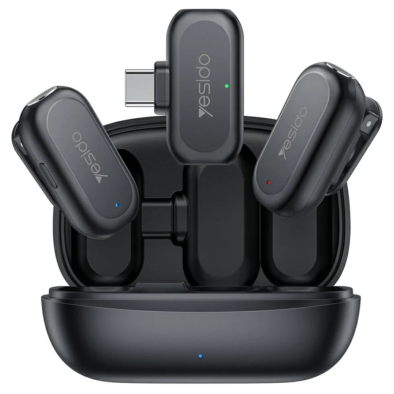 ميكروفون لافاليير YESIDO KR22 مع جهاز استقبال من نوع Type-C، ميكروفون صغير ذكي مع إلغاء ضوضاء ذكي بالذكاء الاصطناعي للداخل / الخارج - أسود