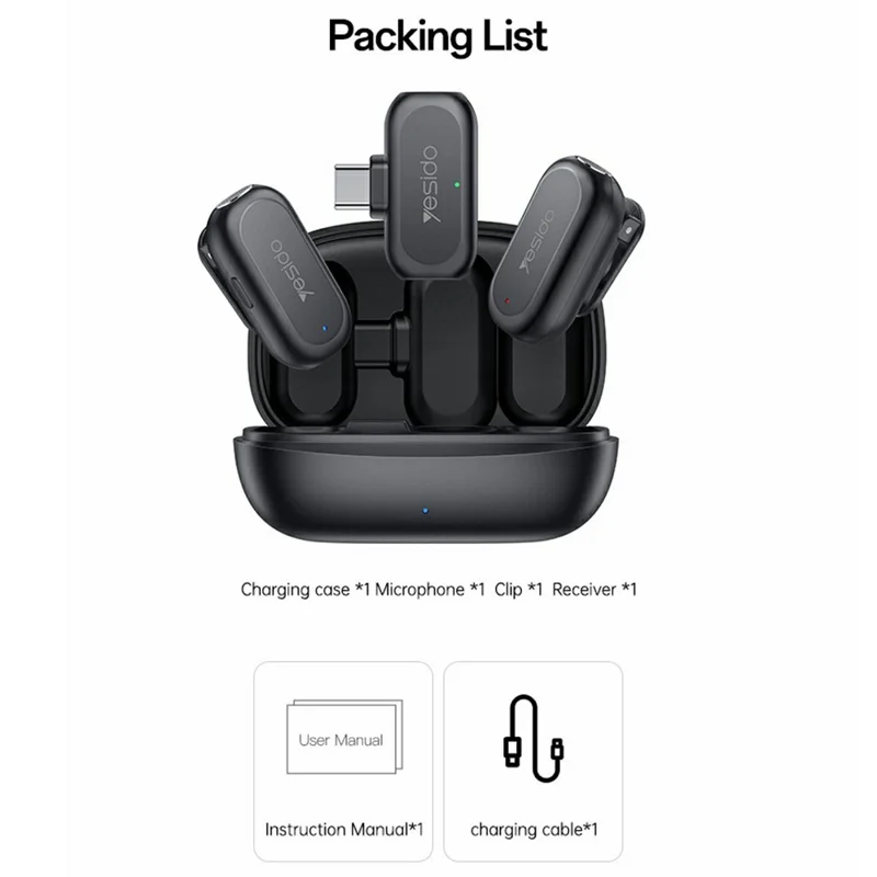 ميكروفون لافاليير YESIDO KR22 مع جهاز استقبال من نوع Type-C، ميكروفون صغير ذكي مع إلغاء ضوضاء ذكي بالذكاء الاصطناعي للداخل / الخارج - أسود