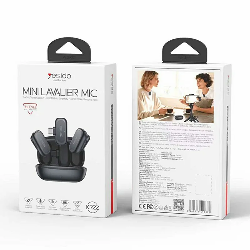 ميكروفون لافاليير YESIDO KR22 مع جهاز استقبال من نوع Type-C، ميكروفون صغير ذكي مع إلغاء ضوضاء ذكي بالذكاء الاصطناعي للداخل / الخارج - أسود
