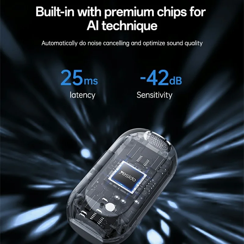 ميكروفون لافاليير YESIDO KR22 مع جهاز استقبال من نوع Type-C، ميكروفون صغير ذكي مع إلغاء ضوضاء ذكي بالذكاء الاصطناعي للداخل / الخارج - أسود