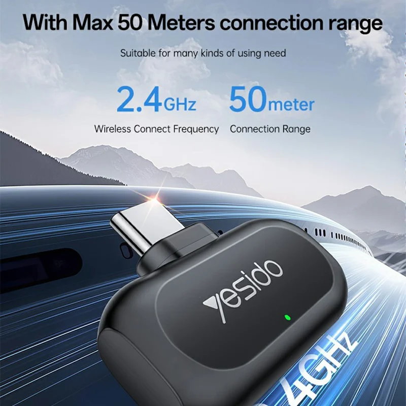 ميكروفون لافاليير YESIDO KR22 مع جهاز استقبال من نوع Type-C، ميكروفون صغير ذكي مع إلغاء ضوضاء ذكي بالذكاء الاصطناعي للداخل / الخارج - أسود