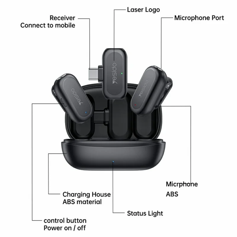 ميكروفون لافاليير YESIDO KR22 مع جهاز استقبال من نوع Type-C، ميكروفون صغير ذكي مع إلغاء ضوضاء ذكي بالذكاء الاصطناعي للداخل / الخارج - أسود