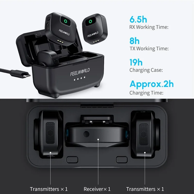 FEELWORLD LM1 Wireless Lavalier Microphone System for Phone Camera PC, 2 Transmitters + 1 Receiver + Charging Case - Black