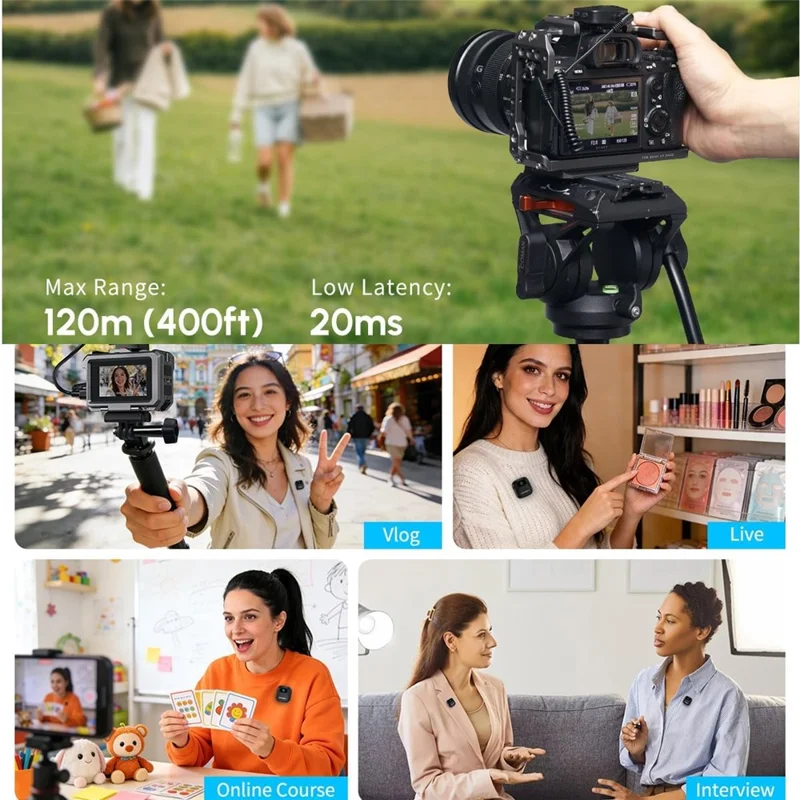 FEELWORLD LM1 Wireless Lavalier Microphone System for Phone Camera PC, 2 Transmitters + 1 Receiver + Charging Case - Black