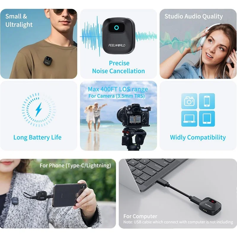 FEELWORLD LM1 Wireless Lavalier Microphone System for Phone Camera PC, 2 Transmitters + 1 Receiver + Charging Case - Black