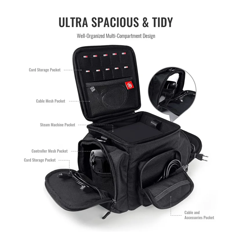 JYS SDM002 Multi-Functional Carrying Case for Steam Machine  /  Steam Deck Console Travel Storage Bag with Shoulder Strap Waterproof Protective Pouch - Black