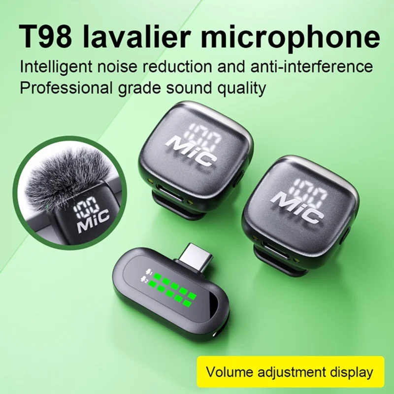 T98 Dubbele Draadloze Lavaliermicrofoonset AI Geluidsisolatie Digital Display Type-C Lavaliermicrofoon (2 Microfoons + 1 Ontvanger)