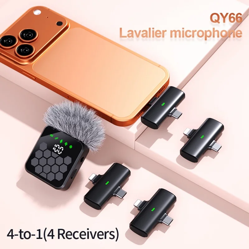 QY66 4-in-1 Draadloos Lavaliermicrofoonsysteem 30m Bereik Digitaal Scherm Lavaliermicrofoon (4 Ontvangers + 1 Microfoon)