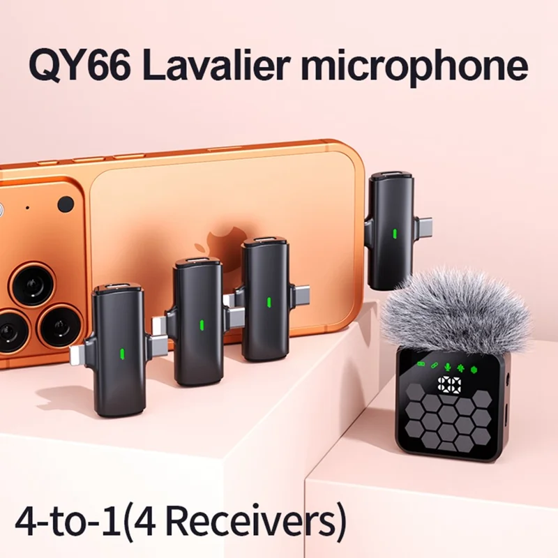 QY66 4-in-1 Draadloos Lavaliermicrofoonsysteem 30m Bereik Digitaal Scherm Lavaliermicrofoon (4 Ontvangers + 1 Microfoon)