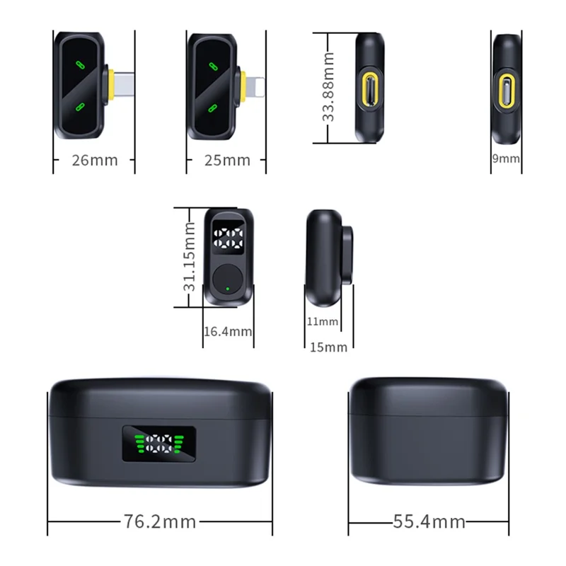 QY88 Draadloze Lavaliermicrofoonset met oplaadcase Digitale weergave Magnetische clip-on lavaliermicrofoon (2 microfoons + 2 ontvangers) - Zwart