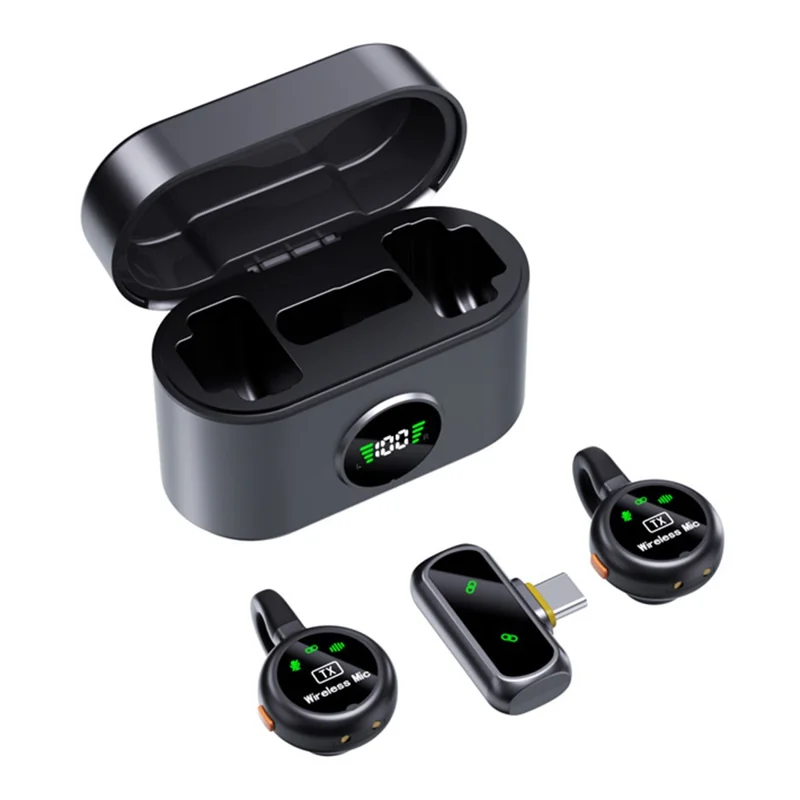 Kit micro-cravate sans fil QY90 avec boîtier de chargement Type-C, micro-cravate numérique à affichage numérique, faible latence 2,4 G (2 micros + 1 récepteur) - Noir