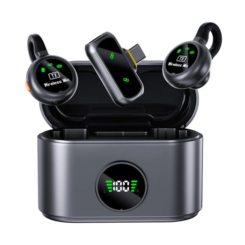 Kit micro-cravate sans fil QY90 avec boîtier de chargement Type-C, micro-cravate numérique à affichage numérique, faible latence 2,4 G (2 micros + 1 récepteur) - Noir