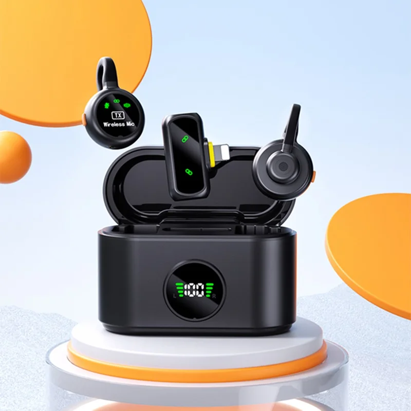 Kit micro-cravate sans fil QY90 avec boîtier de chargement Type-C, micro-cravate numérique à affichage numérique, faible latence 2,4 G (2 micros + 1 récepteur) - Noir